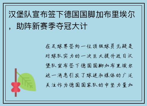 汉堡队宣布签下德国国脚加布里埃尔，助阵新赛季夺冠大计