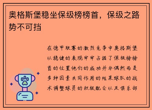 奥格斯堡稳坐保级榜榜首，保级之路势不可挡