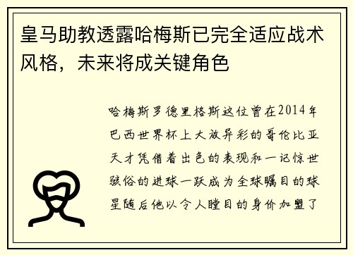 皇马助教透露哈梅斯已完全适应战术风格，未来将成关键角色